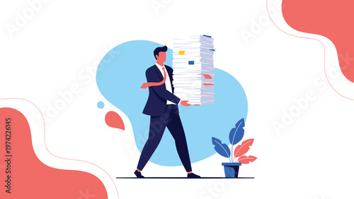 Businessman in a suit carrying a heavy and tall stack of paperwork while walking in an office setting with abstract background.