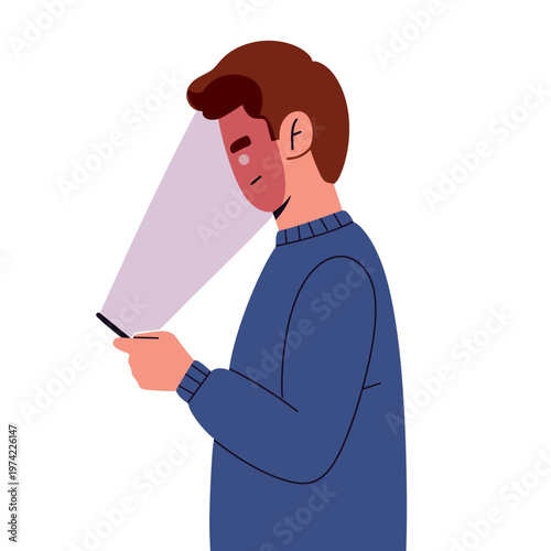 Flat vector illustration of people using smartphones, tablets, and digital devices with screen light reflecting on their faces. ideal for technology, online behavior, and mental health awareness.