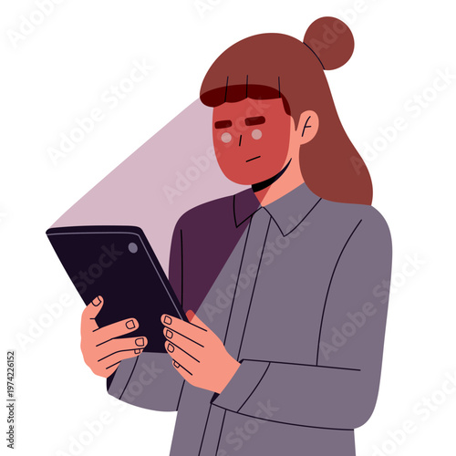 Flat vector illustration of people using smartphones, tablets, and digital devices with screen light reflecting on their faces. ideal for technology, online behavior, and mental health awareness.