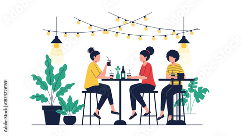 Group of diverse young women sitting at high tables and drinking beverages under decorative string lights in a cafe or bar.