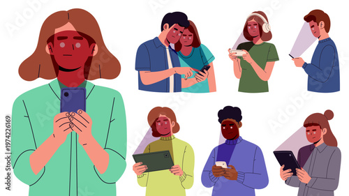 Flat vector illustration set of people using smartphones, tablets, and digital devices with screen light reflecting on their faces. ideal for technology, online behavior, and mental health awareness.