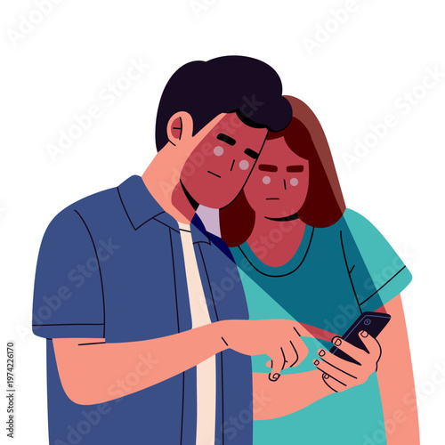 Flat vector illustration of people using smartphones, tablets, and digital devices with screen light reflecting on their faces. ideal for technology, online behavior, and mental health awareness.