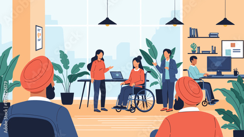 Diverse group of professionals working in a modern office space including individuals in wheelchairs and wearing turbans.