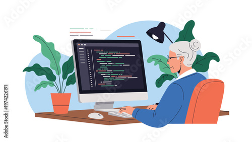 Senior woman with grey hair wearing glasses and coding on a computer at a wooden desk with indoor plants in the background.