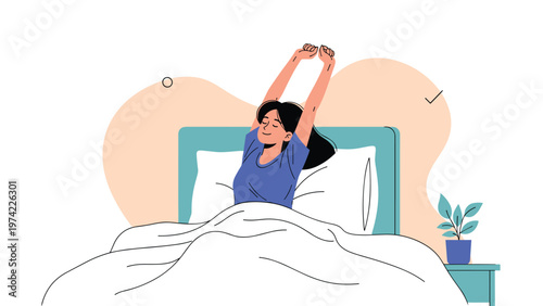 Young woman waking up in the morning and stretching her arms while sitting in a comfortable bed with a blue pillow.