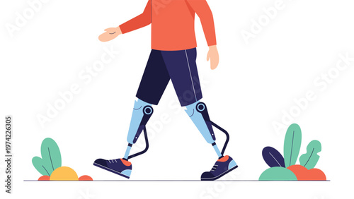 Person with prosthetic legs walking outdoors on a white background with simple plant illustrations representing disability and mobility.