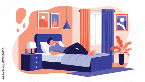 Relaxed man lying comfortably on his back in a modern bedroom while looking up at the ceiling to rest and recharge.