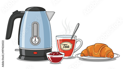 Breakfast still life featuring a blue electric kettle, a glass cup of hot tea, a bowl of jam, and a croissant on a plate.