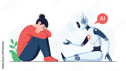 Sad woman sitting on the floor and being comforted by a white humanoid robot with a heart symbol representing artificial intelligence.