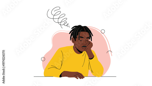 Tired young man sitting at a desk with his head resting on his hand and a scribble above his head representing mental burnout.