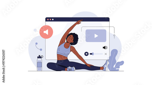 Woman performing yoga and stretching exercises in front of a computer browser window representing online fitness classes.