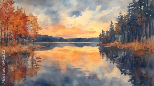 Sunset over lake autumn colors