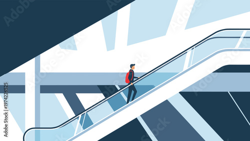 Person with a red backpack going up an escalator in a modern building with large windows and bright architectural lines.