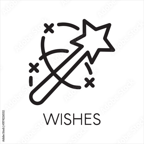 Magic wand icon. Flat simple label drawn in line art style. Simple logo or button for websites, mobile apps and other design needs. Vector contour pictograph