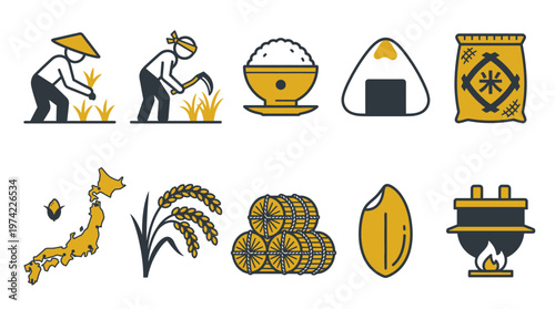 Japanese Rice Cultivation and Agriculture Icon Set - Farmer, Harvest, and Food Symbols
