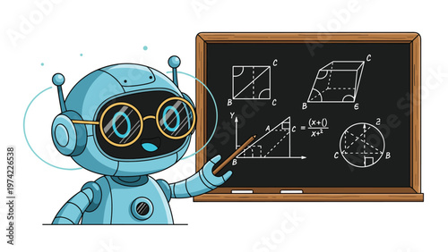 Friendly blue robot wearing glasses and acting as a teacher pointing at geometry diagrams on a black chalkboard.