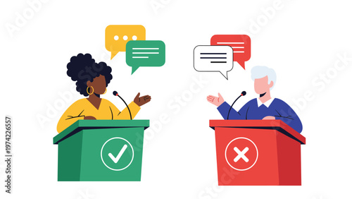 Man and woman standing at podiums during a public debate with speech bubbles representing different opinions and symbols.