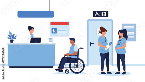 Hospital or clinic reception area with a receptionist, pregnant women talking, and a man in a wheelchair waiting for assistance.
