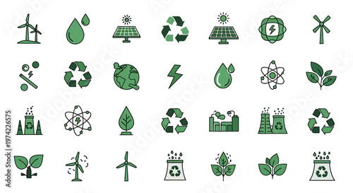 Set of Green Energy and Ecology Icons for Renewable Technology and Environmental Sustainability Projects