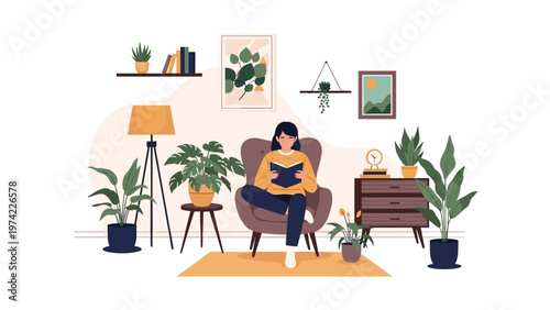 Woman sitting in a comfortable armchair and reading a book in a cozy living room filled with many potted indoor plants.