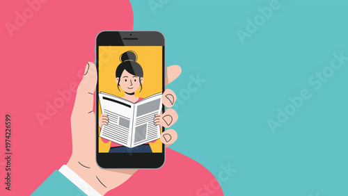 Hand holding a modern smartphone showing a digital newspaper with a woman reading a paper on the screen.