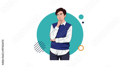 Thoughtful young man standing with his hand on his chin while contemplating a difficult decision or a new creative idea.