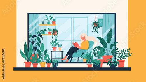 Woman sitting in a chair and reading a book by a large window overlooking a collection of many diverse potted houseplants.