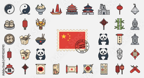 Collection of Chinese Culture Icons and Symbols: Panda, Dragon, Great Wall, Dumplings, and Flag Postage Stamp