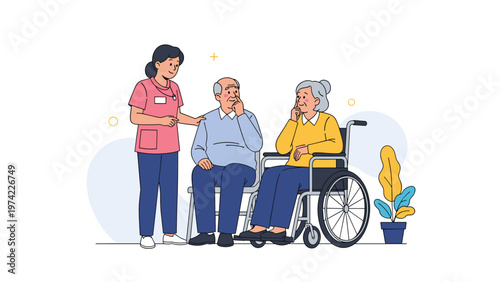 Healthcare nurse assisting a senior couple where one person is sitting in a wheelchair in a medical or home care setting.