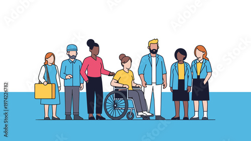Diverse group of people standing together representing inclusivity with a woman in a wheelchair and people of various ethnicities.