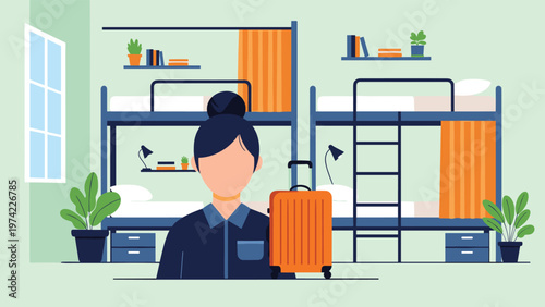 Young woman standing with an orange suitcase in a hostel dorm room featuring several blue bunk beds and modern furniture.