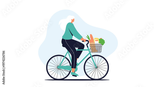 Woman riding a green bicycle with a front basket filled with fresh groceries and bread against a simple blue background.