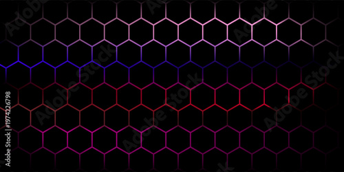 Dark gray and red horizontal hexagonal technology abstract vector background. red bright energy flashes under hexagon in futuristic modern technology wide banner. Dark gray honeycomb texture grid.
