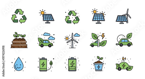 Green Energy and Ecology Icon Set - Renewable Resources, Sustainability, and Environmentally Friendly Technology Symbols