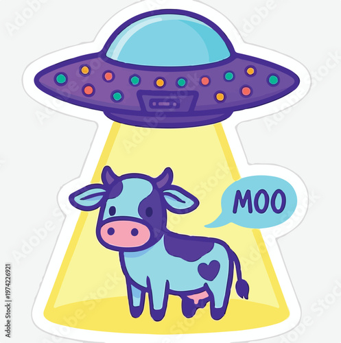 Cute blue cow standing inside a glowing yellow tractor beam emitted by a purple unidentified flying object cartoon sticker design
