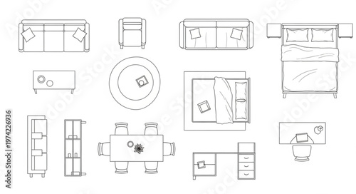 Overhead Furniture Layout - Sofas, Tables, Beds, and Storage Units.