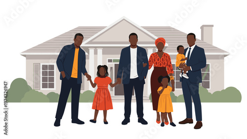 Large happy African American family standing together in front of their beautiful suburban family home in the neighborhood.