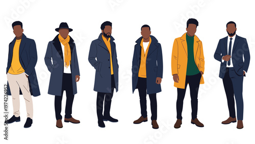 Row of diverse young men wearing different styles and colors of modern coats and suits standing together in a line.