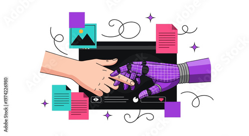 Human and Robotic AI Hand Touching in Collaboration Concept Illustration with Digital Assets