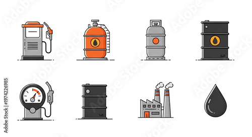 Oil and Gas Industry Icons - Fuel Pump, Tanks, Barrels, Factory, and Oil Drop.
