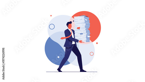Businessman in a suit and tie carrying a very tall and heavy stack of paperwork against a colorful abstract background.