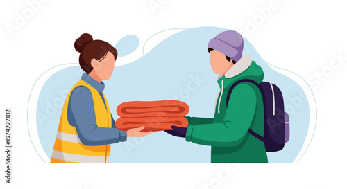 Volunteer Giving Warm Blankets to a Person in Need. Charity, Donation, and Humanitarian Aid Concept Vector Illustration