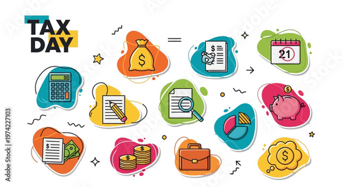 Overhead shot of a colorful tax season vector illustration featuring a tax payment deadline and financial paperwork, with a clean white background and a cheerful mood promoting financial