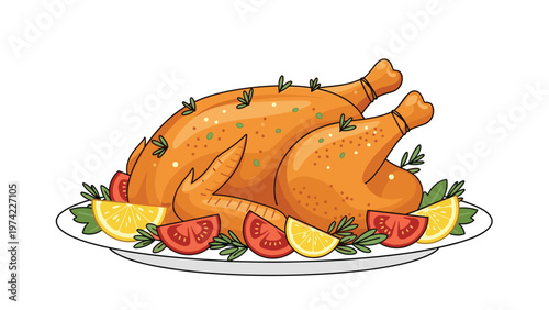 Delicious golden brown roasted turkey or chicken served on a white platter with lemon slices, tomatoes, and fresh herbs.
