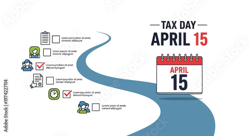 Stylized vector illustration emphasizing tax preparation with a winding blue path leading to a calendar marked April 15, conveying the income tax day with checklist icons against a clean