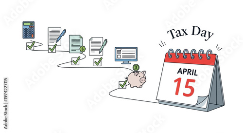 Vector illustration depicting the income tax day with a red calendar marked April 15th and a piggy bank, connected by a line of tax documents, calculator and checkboxes indicating tax