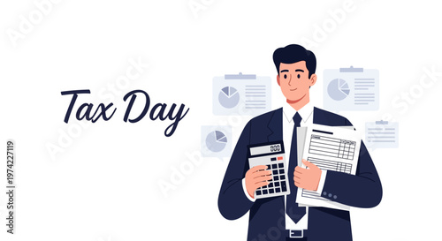 On tax day, a serious businessman is depicted in a flat vector illustration, holding tax forms and a calculator, with graphs in the background suggesting financial paperwork taxes