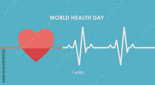 World Health Day Heartbeat EKG Line Red Heart Symbol on Blue Background