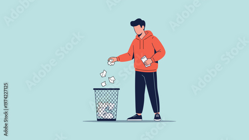 Young man throwing crumpled pieces of paper into a trash can representing waste, mistakes, or starting over a project.