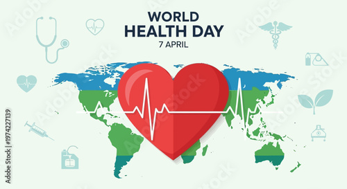 World Health Day Heartbeat Map Global Healthcare Awareness Medical Icons
